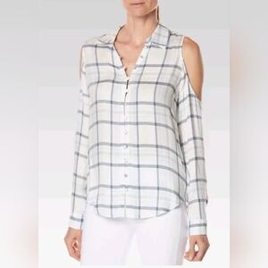 Paige Bellini Blue White Plaid Cold Shoulder Shirt Size Large Long Sleeve